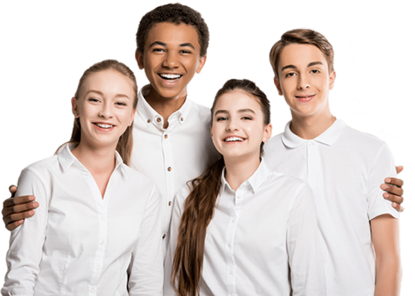 group of teenagers wearing white shirts, smiling and facing the camera