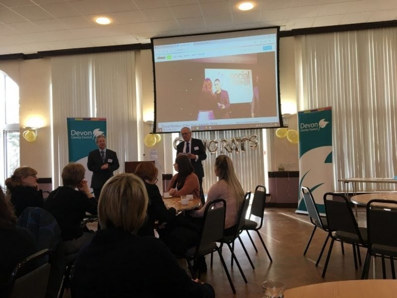 Devon County Council's Chief Executive, Phil Norrey and Leader, Cllr John Hart welcome social work staff to the celebration event.