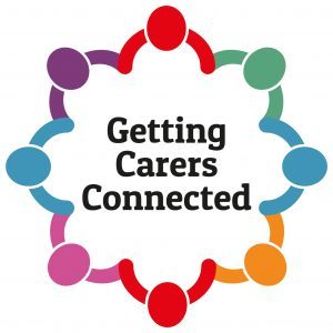 A colourful pattern containing the words 'Getting Carers Connected'.