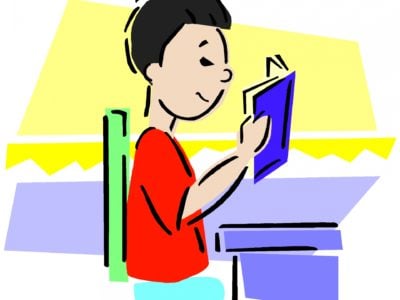 Illustration of a pupil reading a book sat at a desk