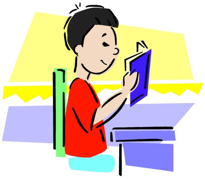 Illustration of a pupil reading a book sat at a desk