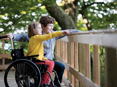 Children pointing over fence