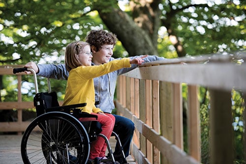 Children pointing over fence