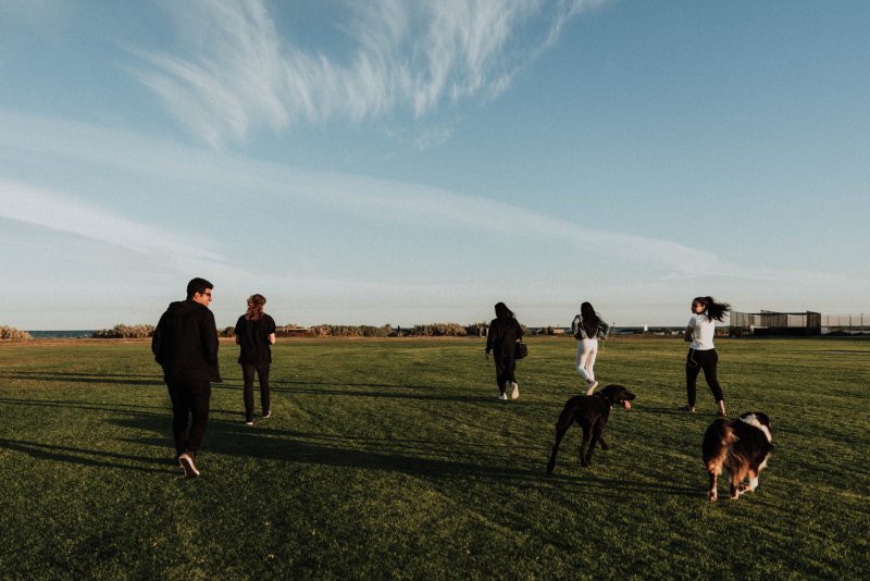 a group of young people walking across a field