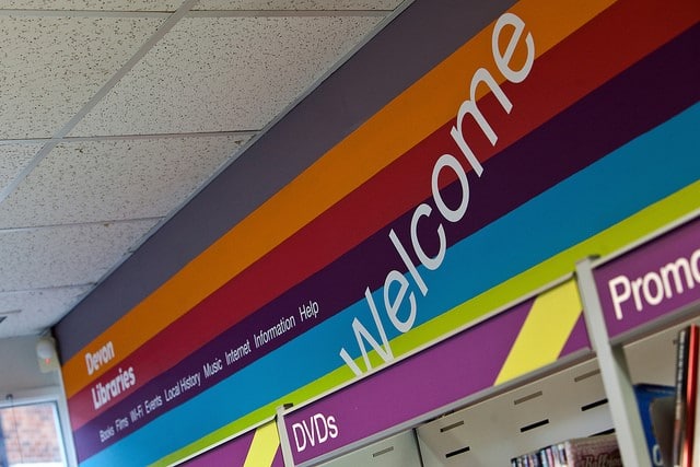 a welcome sign in a Devon library