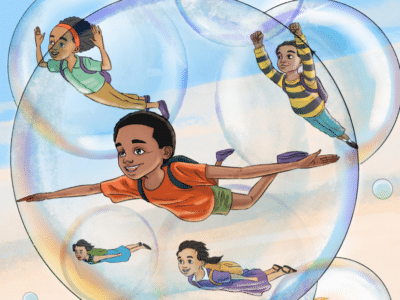 an illustration of schoolkids flying through the air, each in their own separate bubble