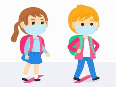 An illustration of two children wearing face masks