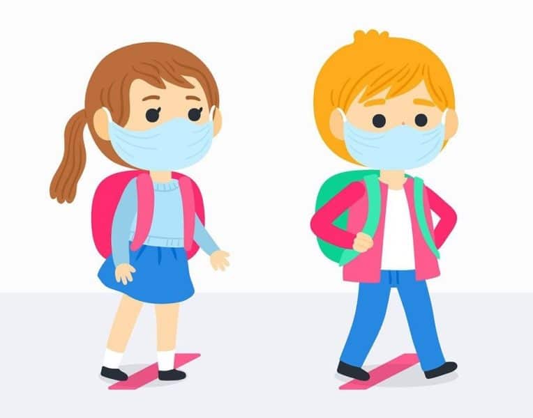 An illustration of two children wearing face masks