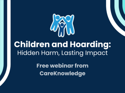 A simple graphic featuring the Devon SCP logo and the words: "Children and Hoarding: Hidden Harm, Lasting Impact. Free webinar from Care Knowledge"