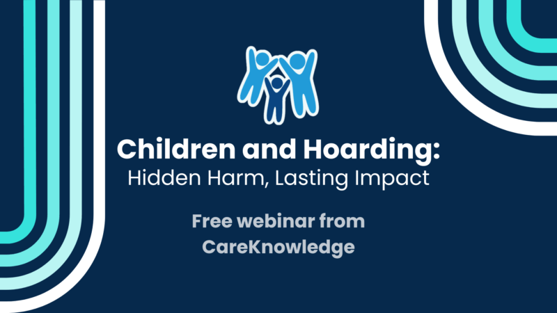 A simple graphic featuring the Devon SCP logo and the words: "Children and Hoarding: Hidden Harm, Lasting Impact. Free webinar from Care Knowledge"