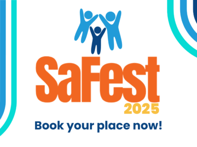 A simple graphic featuring the Devon SCP logo and the words SaFest 2025 book your place now!