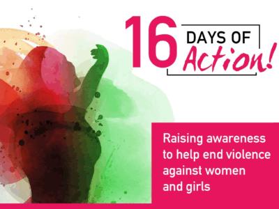 a graphic with a watercolour woman and the 16 Days of Action logo with text reading: raising awareness to help end violence against women and girls
