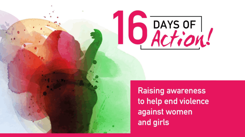 a graphic with a watercolour woman and the 16 Days of Action logo with text reading: raising awareness to help end violence against women and girls