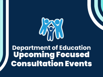 A simple graphic featuring the Devon SCP logo and the words: "Department of Education Upcoming Focused Consultation Events"
