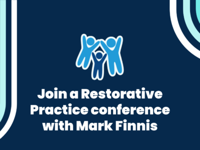 A simple blue graphic with the Devon SCP logo and text reading: "Join a Restorative Practice conference with Mark Finnis"