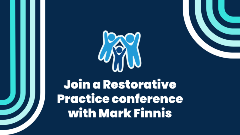 A simple blue graphic with the Devon SCP logo and text reading: "Join a Restorative Practice conference with Mark Finnis"