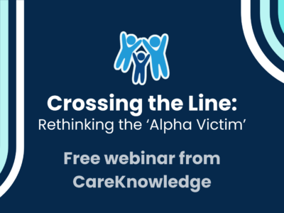 A simple graphic featuring the Devon SCP logo and the words: "Crossing the Line: Rethinking the 'Alpha Victim' Free webinar from Care Knowledge"