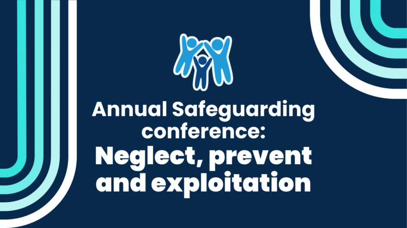 A simple dark blue graphic with the Devon SCP logo and text reading: Annual Safeguarding conference: Neglect, prevent and exploitation