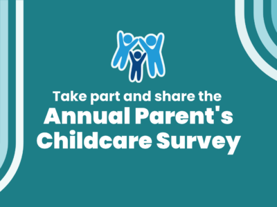 a simple blue-green graphic with the Devon Safeguarding Children Partnership logo and text reading: Take part and share the annual parent's childcare survey