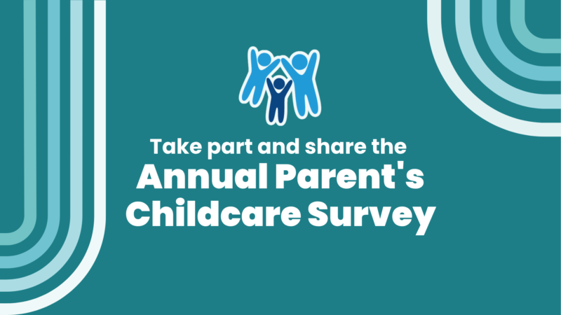 a simple blue-green graphic with the Devon Safeguarding Children Partnership logo and text reading: Take part and share the annual parent's childcare survey