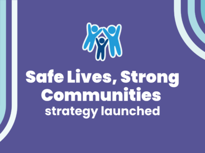 A simple purple graphic with the Devon SCP logo and text reading: Safe Lives, Strong Communities strategy launched