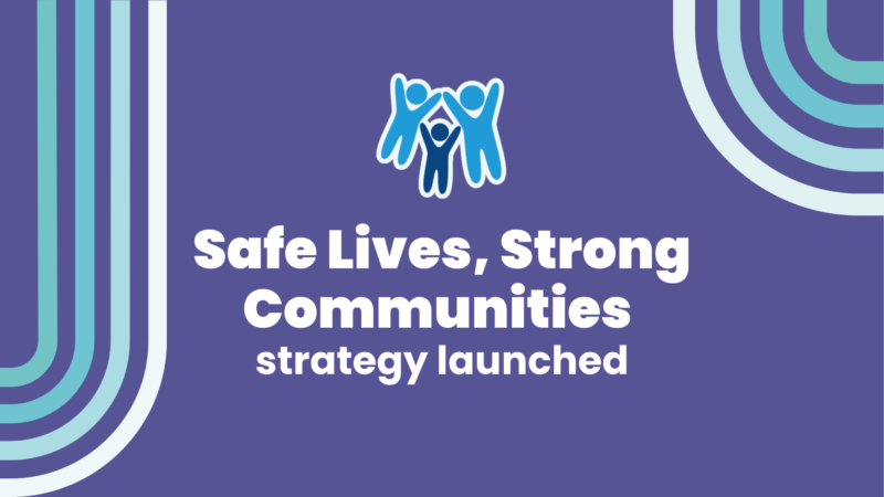 A simple purple graphic with the Devon SCP logo and text reading: Safe Lives, Strong Communities strategy launched