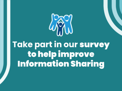 a simple blue-green graphic with the Devon SCP logo and text reading: Take part in our survey to help improve Information Sharing