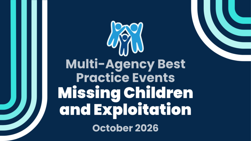 a simple dark blue graphic with the Devon SCP logo and text reading: "Multi-Agency Best Practice Events Missing Children and Exploitation. October 2026"