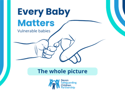 An illustration of a baby's hand holding an adult's finger, alongside the Devon SCP logo and the words Every Baby Matters