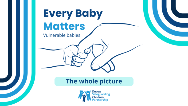 An illustration of a baby's hand holding an adult's finger, alongside the Devon SCP logo and the words Every Baby Matters